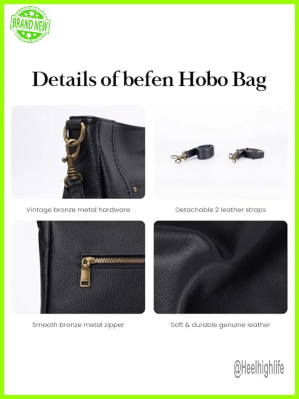 Genuine Leather Hobo Crossbody Bag with 2 Straps